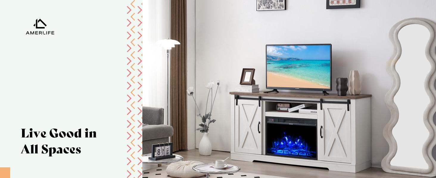 [Ships in 2 Boxes] [Spring Sale] AMERLIFE TWO Size Fireplace TV Stand Sliding Barn Door Wood Entertainment Center with an Electric Fireplace Insert, Modern Farmhouse Storage Cabinet Console/Best Gift Ideas/Christmas Gifts