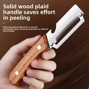 Wooden-Handled Stainless Steel Sharp Peeler with Built-In Bottle Opener for Fruits & Vegetables Ergonomic Non-Slip Handle Long-Lasting Construction Essential Kitchen Tool