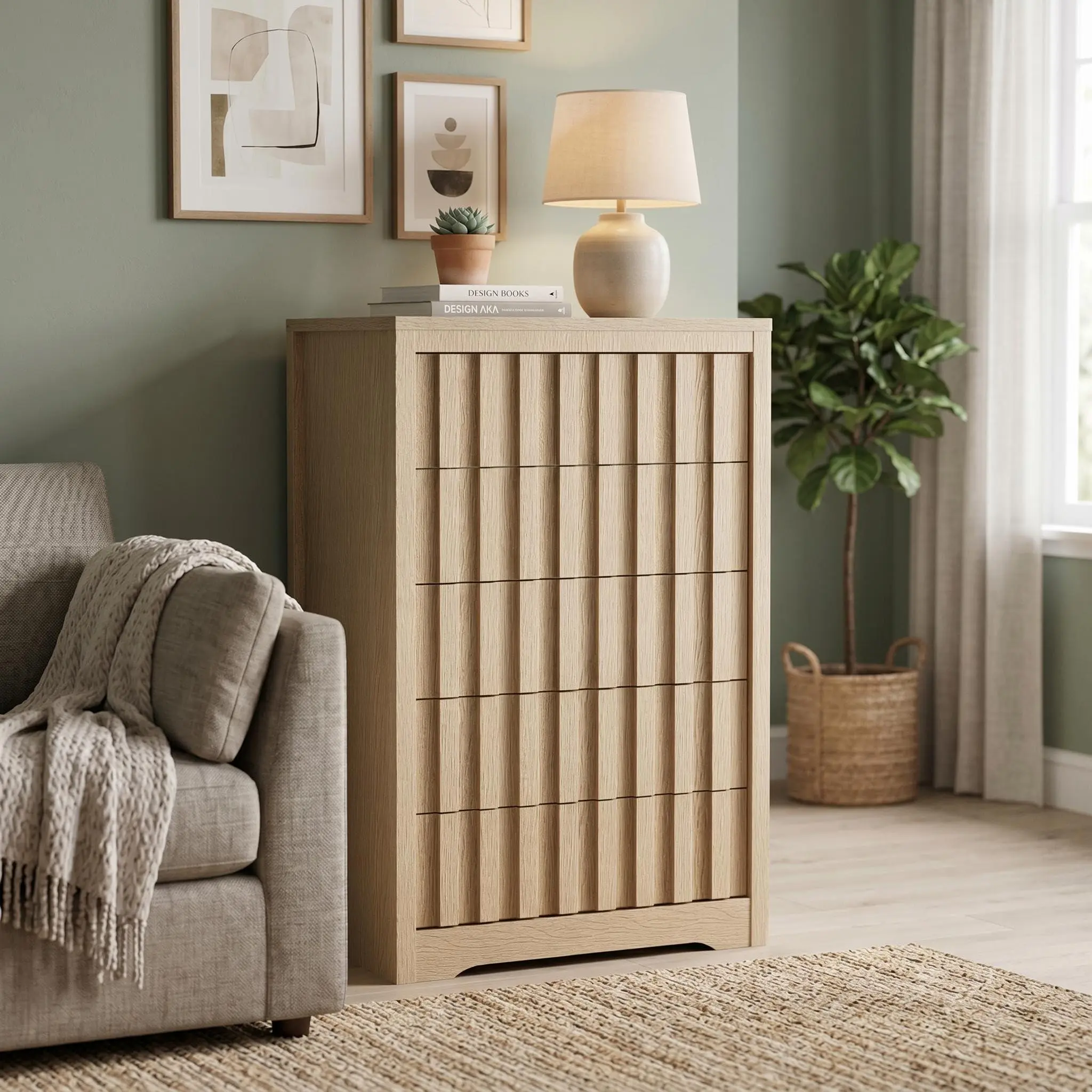 GARVEE 5-Drawer Chest with Shoe Cabinet, Modern Storage Dresser with Drawer Trim, MDF-PB Construction, Natural Wood Finish for Home Organization