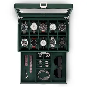VLANDO 10-Slot Lockable Leather Watch Storage Box for Men - Glass Lid, Adjustable Strap, Rectangular Classic Watch Protector Organizer, Gift for Dad
