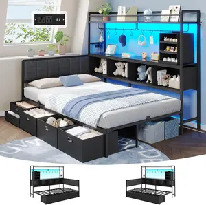 Hasuit Twin Corner Bed Frame with 5 Drawers,Upper Storage Bookshelf,Coat Rack, Day Bed with Charging Station,LED Lights,Upholstered Headboard,L-Shaped Metal Bed for Teens