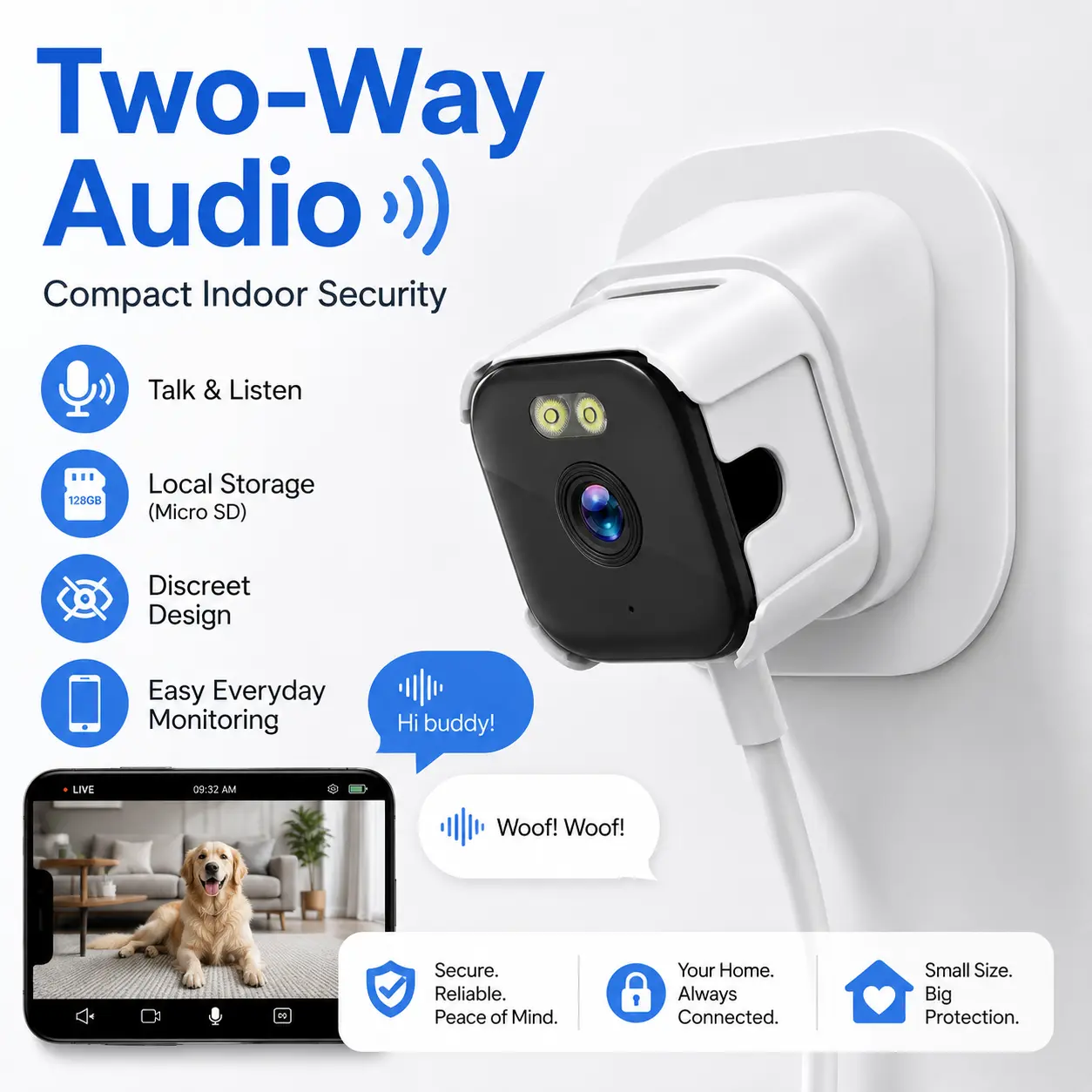 Instavision Adhesive Mount Camera, No-Tool Home Security Camera with Live View, Motion Detection and Two-Way Talk