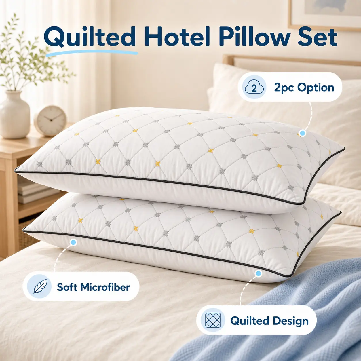 2-Pcs Casual Soft Velvet Bed Pillows, 28x17 in, Slow-Rebound Neck Support, Polyester Fill, Moisture-Wicking Machine-Washable Cover