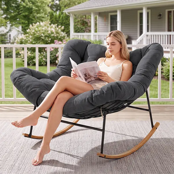 Papasan Rocking Chair Outdoor/ Indoor, Oversized Rocking Chair with Thickened Cushion, 450 lbs Large Comfy Egg Chair Indoor,Cozy Lounge Reading Glider Chair for Bedroom, Gray