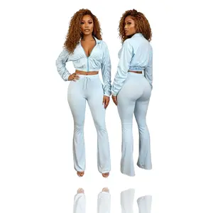 Women's Chic 2-Piece Fitted Soft Sporty Eco Frost Cotton Set - High Waist Spandex-Blend Ruffle Zip-Up Jacket, Elastic Ruched Breathable Cropped Adjustable Flare Pants