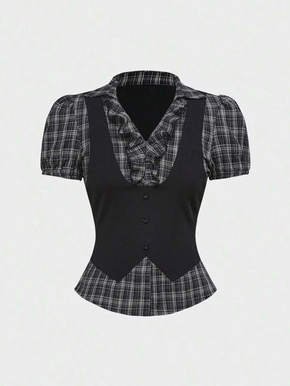 Women's Vintage Gothic Plaid Patchwork 2-in-1 Shirt Top, Y2K Grunge Layered Blouse for Summer, Back to School, Casual Streetwear, Alternative Fashion and Everyday Chic Outfit Wear