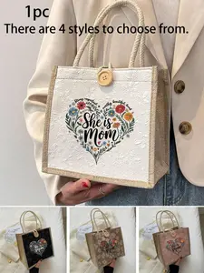Linen Print Handbag, Large Capacity Casual Storage Bag, Multifunctional Shopping Bag, Personalized Gift Bag, Casual Fashion Bag, Perfect for Weddings, Birthdays, Beaches
