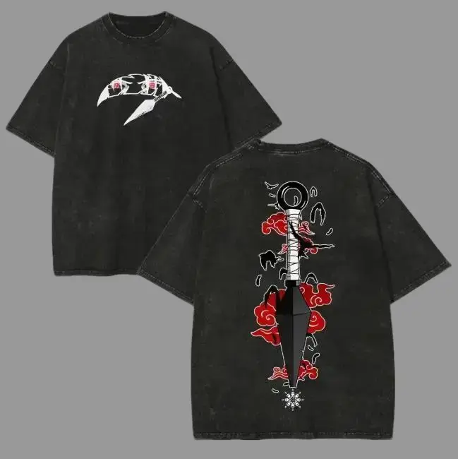 Vintage Acid Washed Oversized T-Shirt, Japanese Red Cloud Dagger Graphic Tee, Retro Distressed Black Short Sleeve, Loose Fit Streetwear Hip Hop Casual Top, Cool Oriental Style Daily Shirt Gift For Men Women Anime Lovers Cotton Soft Fabric Clothes Classic