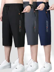 Men's 3-Pack Adjustable Color-Mixed Medium-Length Dry-Fit Loose Fit Quick-Dry 7/8 Athletic Shorts with Drawstring, Zipper Pockets, Letter Print, Lightweight Breathable Fabric - for Running, Fitness, Adjustable Men's Shorts, Color-Mixed Men's Shorts