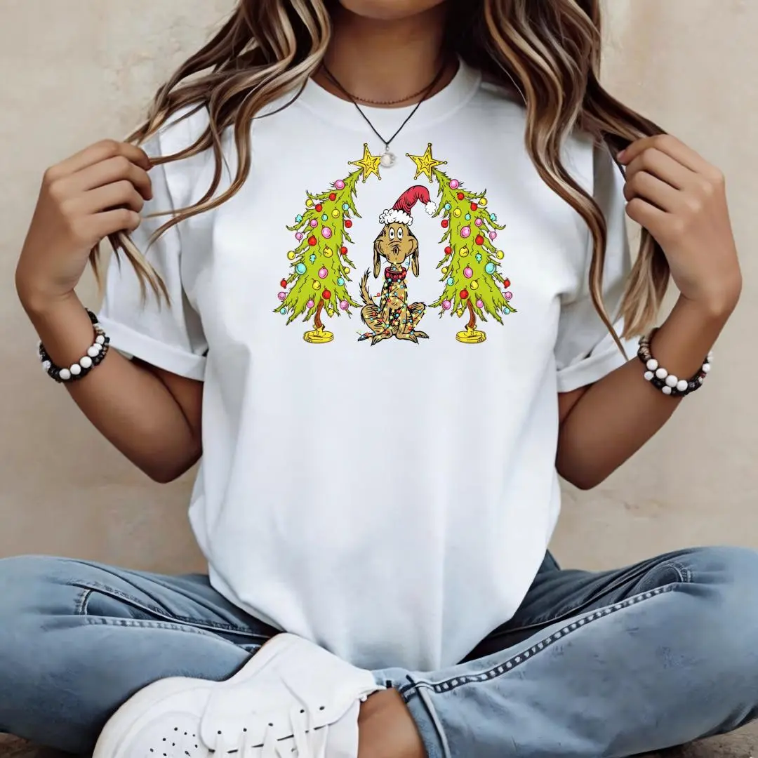 Women's Crew Neck Short Sleeve Tee Christmas Trees With Cartoon Character | 100% Soft Cotton Stretchy Comfort Fit Top | Casual Everyday Essential For Summer, Workout, Travel & Lounge