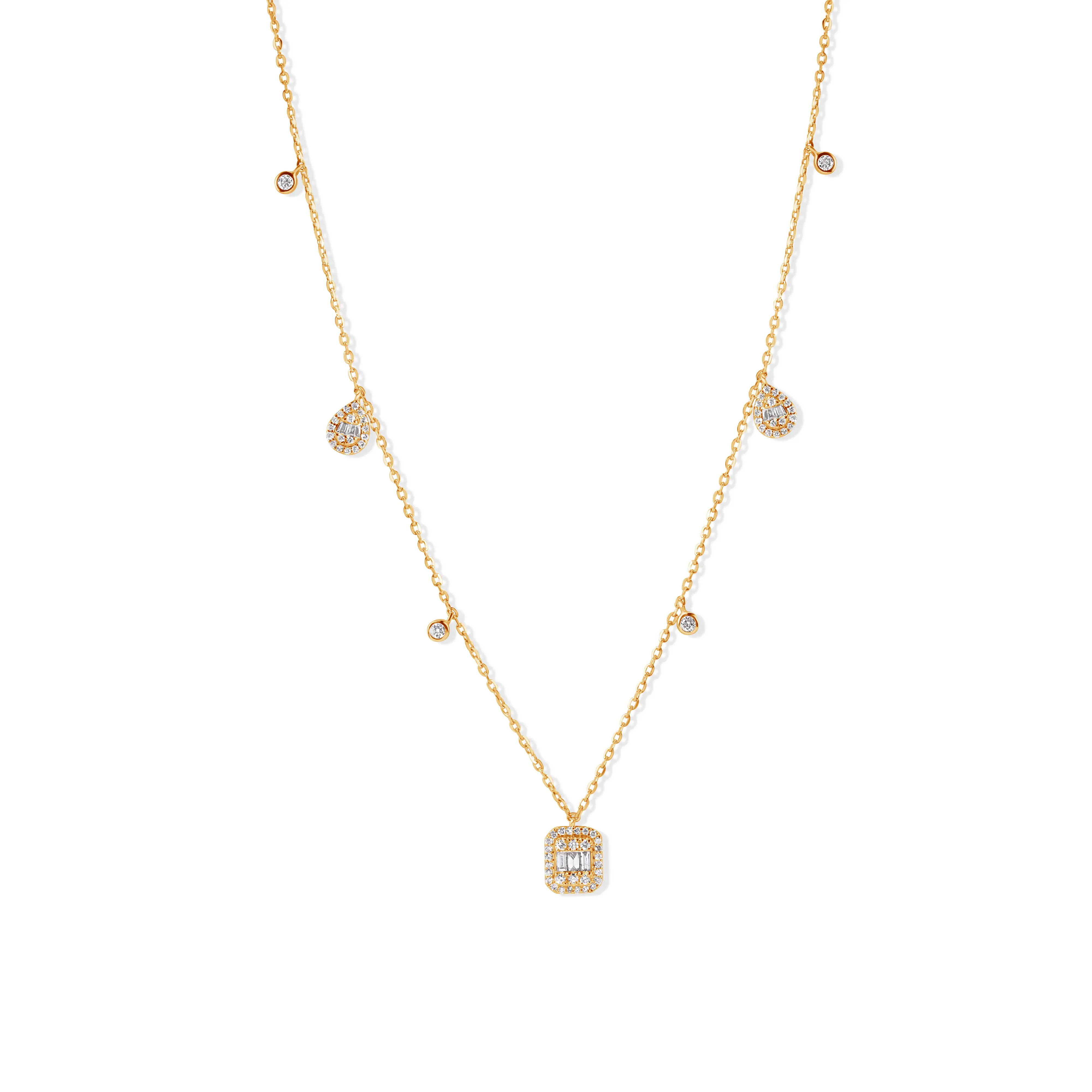 14K Gold Pear Shape Baguette & Bezel Setting Necklace with 0.34 Carats of Diamonds - Timeless Elegance for Any Occasion