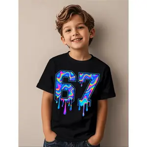 Boys & Girls 6 & 7 Number T-Shirt - Soft Breathable Tee with Neon Glow-in-the-Dark 6 & 7 Design, Machine Washable Spring Summer