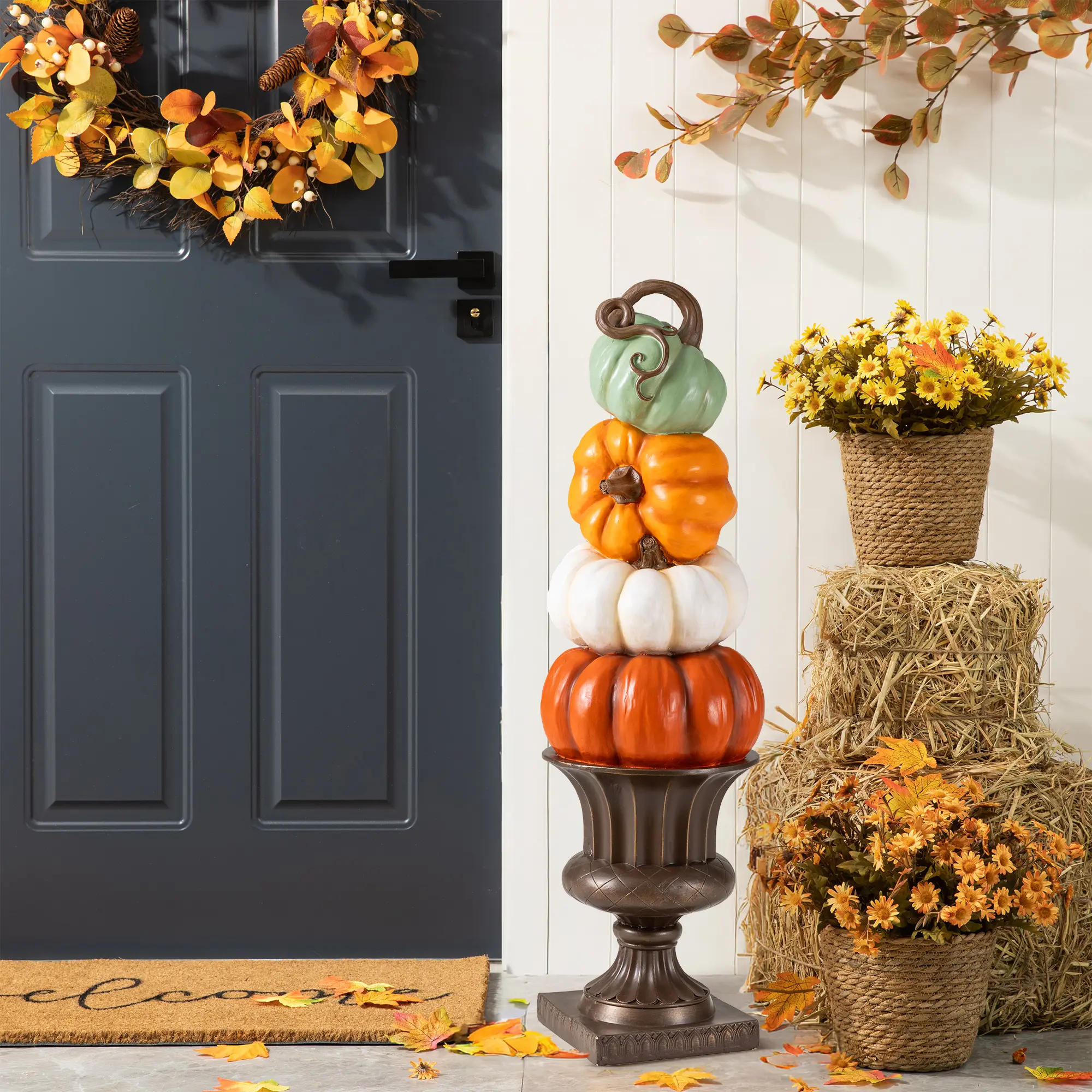 Glitzhome 30.7"H Fall MGO Stacked Pumpkin with Brown Urn Porch Decor