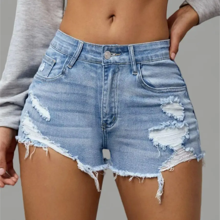 Women Denim Shorts Ripped Raw Trim Denim Shorts Light blue denim shorts(Reg & Plus） Jean Womenswear Streetwear Basic Bottom Underwear