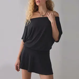FISOEW  Sports 2026 Summer Spring Women's dresses,  Draped  Off-The-Shoulder Mini Dress,suitable for beach vacations and leisure holidays, party dresses. Fit Casual Black Style Womenswear,summerwins