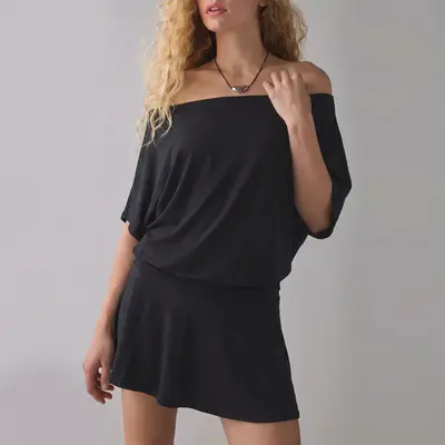 black off the shoulder casual dress Women's off-shoulder long sleeve dress techno crepe composition that shapes a sweetheart neckline (with hidden no Black Off Shoulder Midi Dress