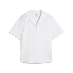 PUMA Womens Wardrobe Essentials Pointelle Short Sleeve Button Up Shirt Casual Tops Casual - White