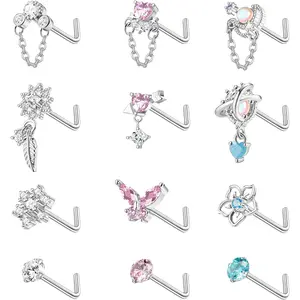 12 Pcs 20G Dangle Nose Rings Studs for Women Stainless Steel L Shaped Nose Rings Heart Flower CZ Snowflake Butterfly Dangling Nose Piercing Jewelry