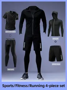 Men's 4-Piece Sportswear Set, Sporty Breathable Outfits, Breathable Mesh Long Sleeve Top, Quick-Dry Tight Pants & Drawstring Shorts, Reflective Print, Gym Running Basketball