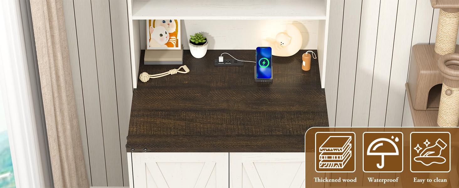 71" Tall Wooden Cat Litter Box Enclosure | Power Outlets + Open Shelves + Locks | Hidden Pet Washroom Cabinet (Brown, Living Room/Bedroom)