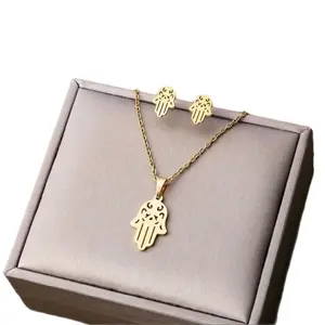 Stainless Steel Hamsa Hand Necklace & Earring Set in Gold Finish Elegant Jewelry