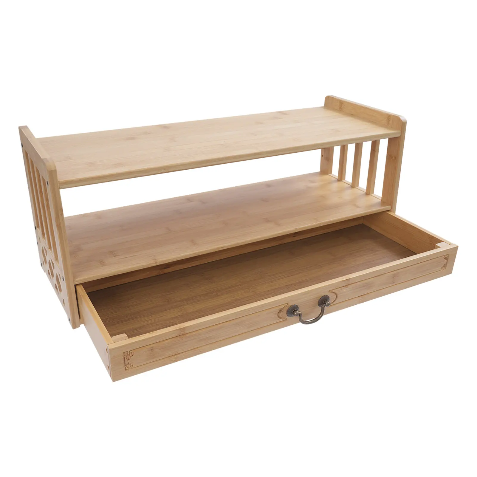 Chinese-Style Rectangular Bamboo-Wood Storage Table with Eco-Friendly Paint, Mildew-Resistant, Anti-Deformation, 25 kg Load Capacity, 3-Tier Open Shelving & Drawer, Zen Aesthetic Home Organizer for Buddha Statues