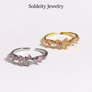 Pink Crystal Bow Knot Open Statement Rings Eternity Promise Band Engagement Wdding Rings Stacking Finger Band Adjustable Dainty Jewelry Gift For Friends