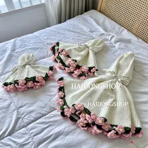DIY Hand Knit Crochet Pink Peach Yarn Bouquet with Blanket Wrap, 60cm & 80cm Dual Sizes Handmade Everlasting Knitted Fruit Flower, No Wither Floral Gift for Birthday Home Decor