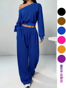 Personalized Asymmetrical Shoulder Casual Set, Pure Color Short Top Two-Piece Set, Travel Party Dance Leisure