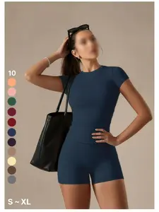 Women Solid Color Outfit, Casual T-Shirt & High Waist Yoga Shorts, Slim Activewear for Gym Fitness