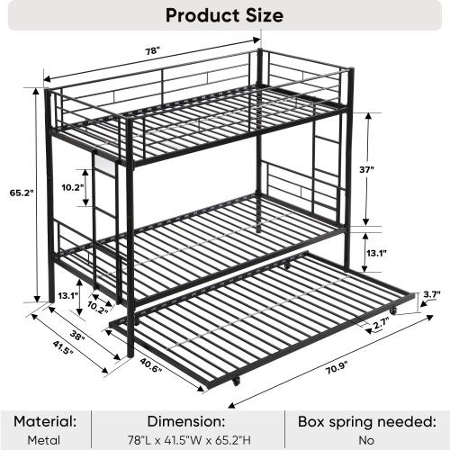 [Bellemave]Bunk Bed Twin Over Twin Size with 2 Ladders and Full-Length Guardrail, Metal, Storage Space, No Box Spring Needed, Noise Free, Black