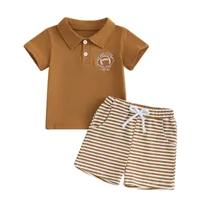 Canrulo Toddler Baby Boy Summer Outfit Polo Button up Football Embroidery Shirt Top and Elastic Waist Shorts 2Pcs Infant Boy Cute Game Day Clothes Set