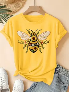 2026 Spring/Summer New Women'S Round Neck Imitation Style Bee Sunflower Print Short-Sleeved T-Shirt, Retro Distressed Style Casual Top, Soft Fabric High-Quality Women'S Clothing | Fun And Funny Design | Suitable for Spring