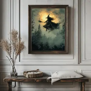 Halloween Witchy Wall Art, Vintage Witch Print, Witch Flying the Broomstick, Spooky Witch Wall Decor, Spooky Season Art, Unframed