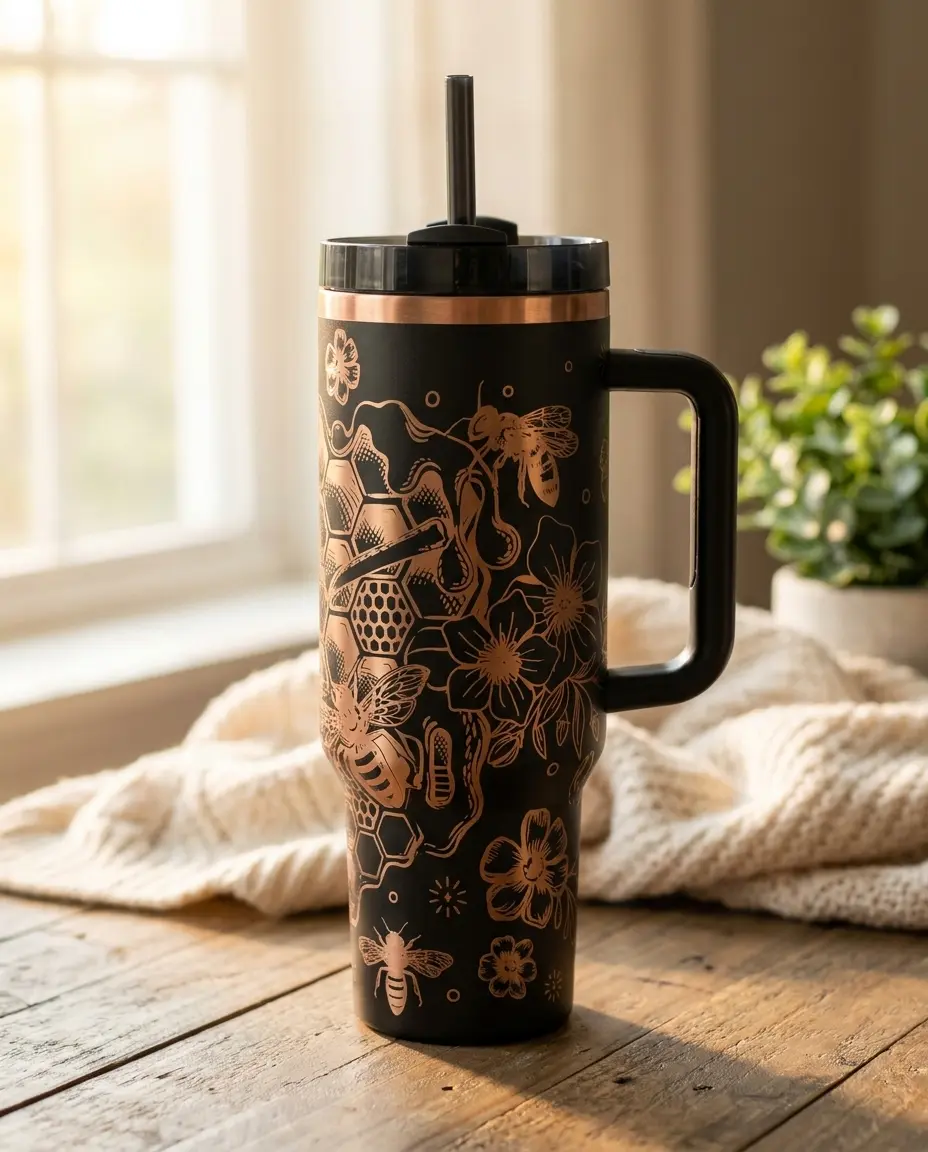 40oz Large Stylish Honeybee Tumbler - Stainless Steel Water Bottle with Straw, Floral Design - Kitchenware Drinkware for Beverage Hydration, Iced Coffee
