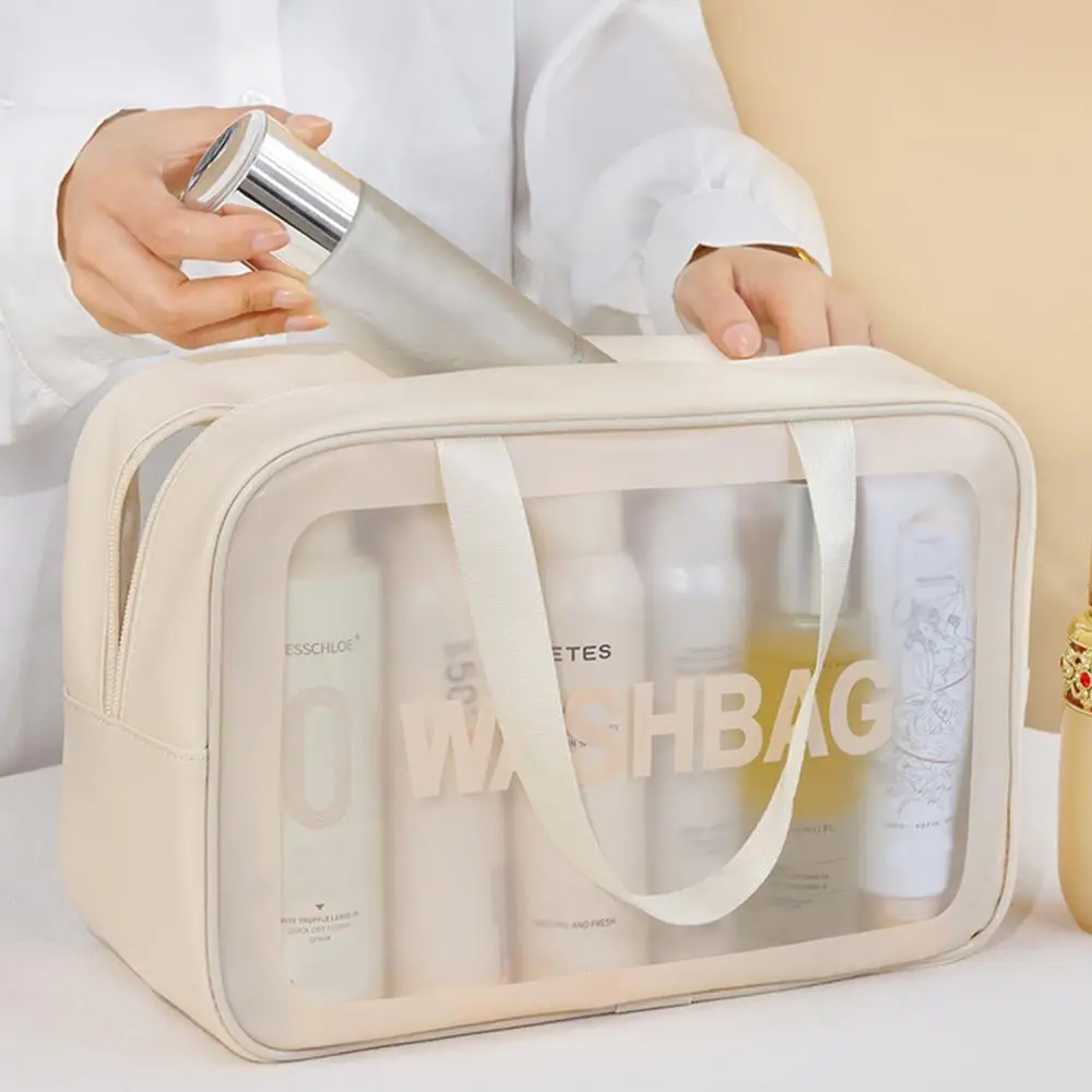 Large Capacity Semi Transparent Toiletry & Makeup Bag, Portable Travel Cosmetic Bag, Multifunctional Bath & Swimming Storage Bag