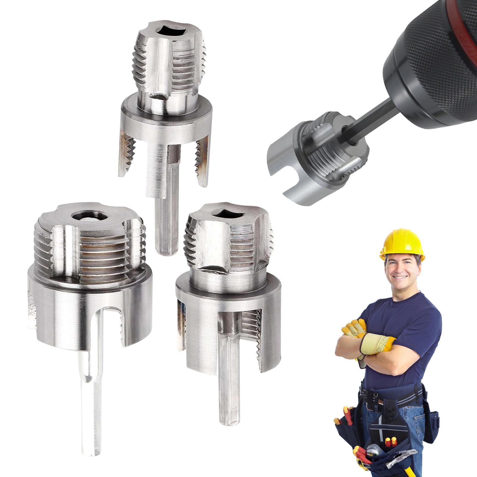 Heat-Treated Alloy Steel Pipe Threader 3-Piece Set for 1/2, 3/4, 1 Inch Pipes Drill-Compatible Plumbing Tool with Interchangeable Heads for Internal & External Threading