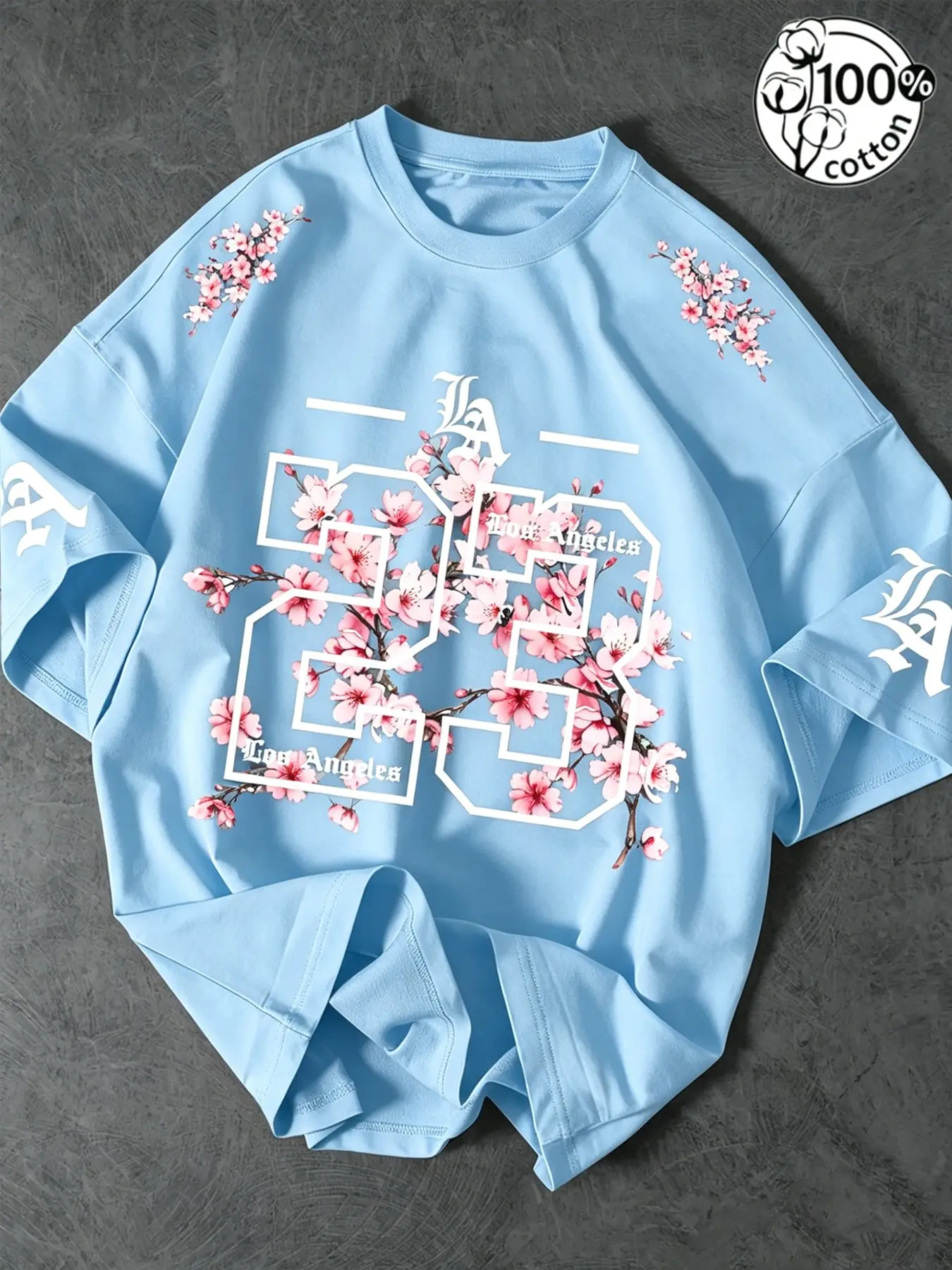 Unisex 100% Cotton Los Angeles 23 Gothic Cherry Blossom Print Oversized Fit T-Shirt | Y2K Aesthetic Streetwear Top Fashion