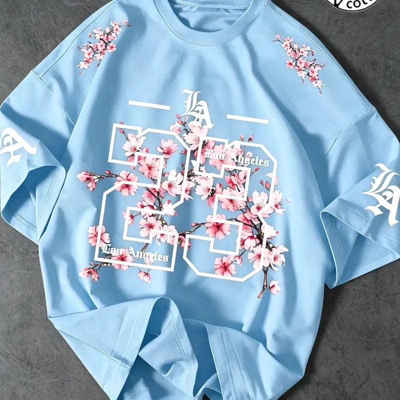 Unisex 100% Cotton Los Angeles 23 Gothic Cherry Blossom Floral Print Oversized Fit T-Shirt | Y2K Aesthetic Streetwear Top Fashion
