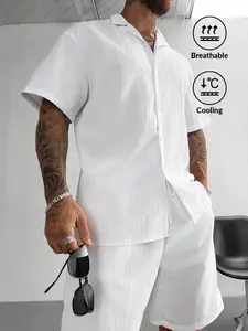 2pcs Men's Summer Set, Lightweight Breathable Cuban Linen Shirt And Drawstring Shorts Set, Vintage Gentleman Style Casual Beach Wedding Party Holiday Travel Outfit, Father's Day Gift For Husband, Dad, Boyfriend, Comfortable & Versatile