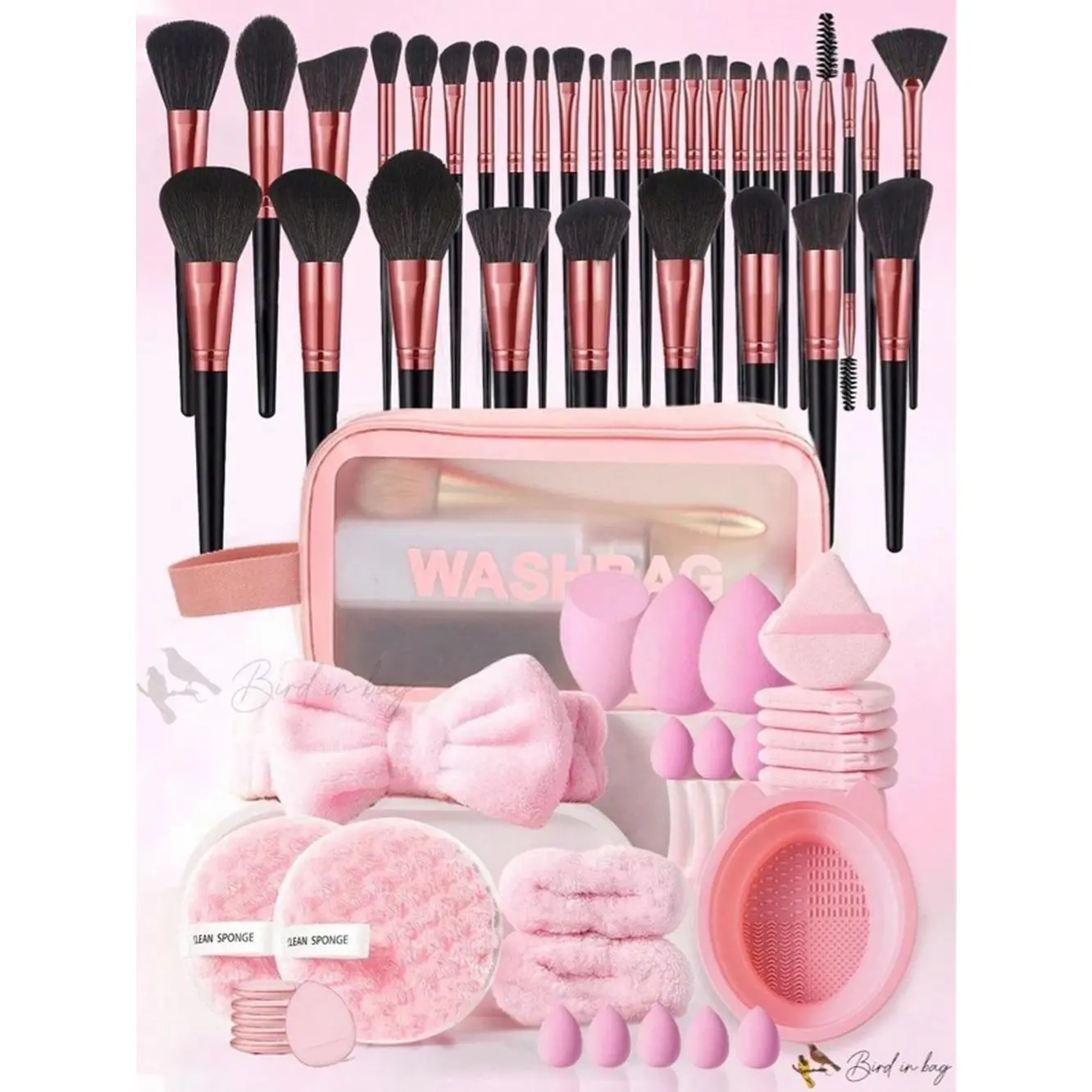 Bird in Bag Pink Makeup Brush Set with Washbag, Sponge, and Accessories for Complete Beauty Routine