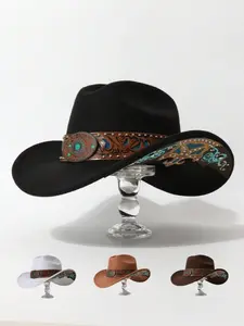 Vintage Carved Western Cowboy Hat, Turquoise Stud Wool Felt Fedora, Bohemian Sun Protection Cap, Cross-Border Fashion Accessory, Classic Cowboy Hat
