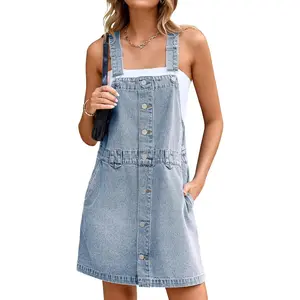 Women's Denim Overall Dress Jean Sleeveless 2025 Mini Pinafore Casual Button Dress with Pocket