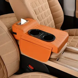 5-in-1 organizer Multifunctional Leather Car Armrest Box Mat with Central Elbow Heightening Pad Storage Box Cup Holder Car Tissue Box Auto Interior Accessories Orange,multifunctional car armrest box