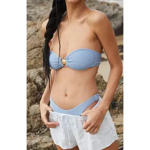Pacsun Women's Blue Seashell Scrunch Bandeau Bikini Top