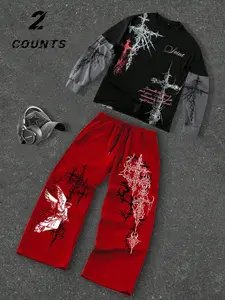 Unisex Gothic Style Set, Dark Gothic Print and Cross Pattern, Spring Summer Thin Patchwork Vintage T-Shirt and Sport Pants, Y2K Streetwear