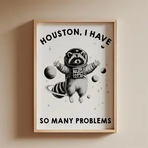 Funny Space Racoon Houston Problems Cute Racoon Horizontal Poster Dark Humor Sarcastic Funny Quote Print College Dorm Physical Art, Unframed | 5 size, 8x12 to 27x40 inch