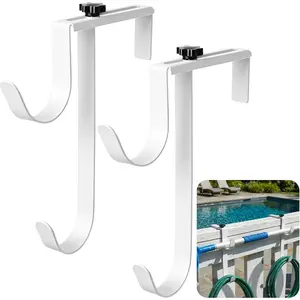 2 Pcs Double Pool Fence Hooks For Pool Equipment, Adjustable Hanger Holder For Pool Pole, Rustproof Swimming Pool Skimmer Pole Hooks For Hanging Tool, Hose, Leaf Rakes, Nets (White) Pool Accessories