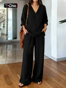 Women's 2-Piece Set Thin Casual Long Pants, V-Neck Loose Pullover Long Sleeve Top, Wide Leg Pants for Comfortable Wear