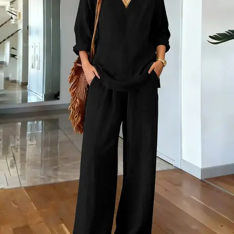 Women's 2-Piece Casual Lightweight Loungewear Set, V-Neck Loose Long-Sleeve Pullover Top and Wide-Leg Pants, Lightweight, Thin and Comfortable